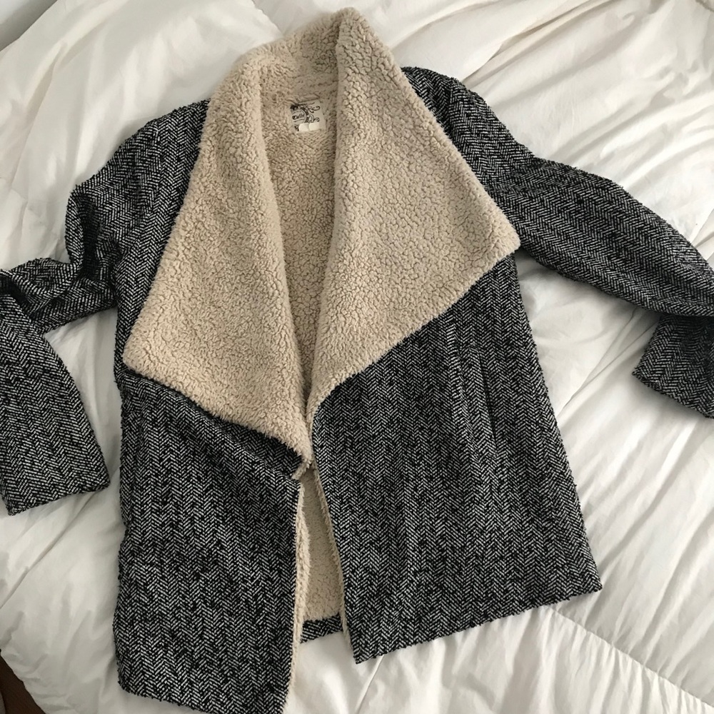 Herringbone and shearling coat